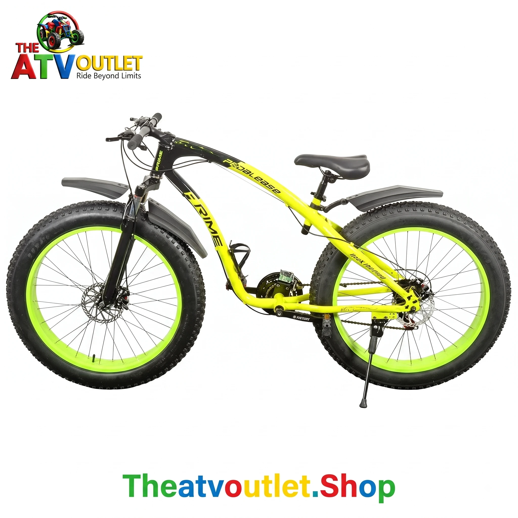 Fat Tyre Cycle Freedom: 26-Inch 21-Speed All-Terrain Adventure Bicycle Close up view of the front and rear disc brakes on the Fat Tyre Cycle Freedom
