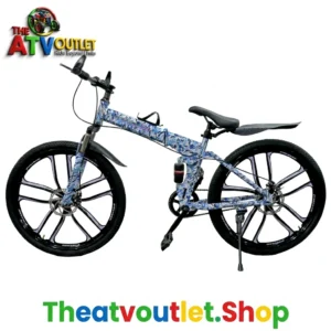 Blue water ripple printed folding cycle 26 inch with black mag wheels and front and rear disc brakes