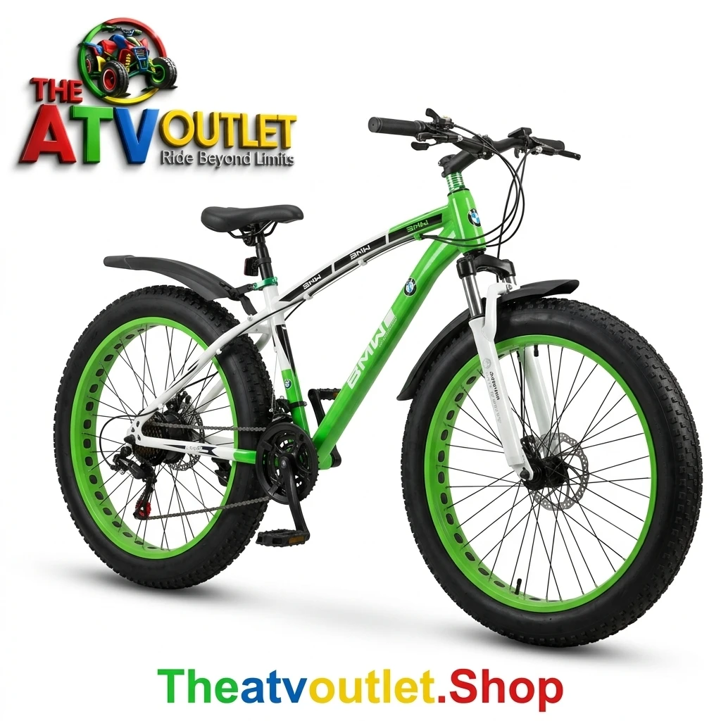 Sleekfat Cycle - 26 Inch 21 Gear Fat Bike India Green and white Sleekfat Cycle fitted with front and rear mudguards and spoke rims
