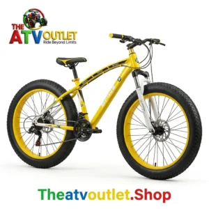 Yellow and black Sleekfat Cycle 26 inch with bright yellow spoke rims and front suspension